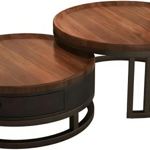 Couchtisch rund 2er Set mit Stauraum, Wohnzimmertisch mit Holz Schubladen, Walnussoptik und Metallrahmen, Moderne Kaffeetische Satztische Sofatisch für Wohnzimmer Schlafzimmer