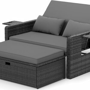 UDPATIO Rattan Lounge Sofa 2-Sitzer Grau meliert mit Hocker & Stauraum, verstellbare Rückenlehne, Metall & PE-Rattan