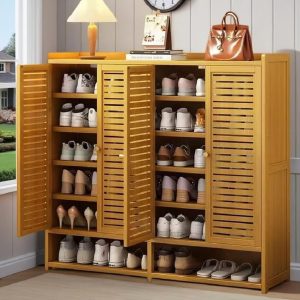 Schuhschrank Holz mit Korbgeflecht-Türen, Moderner Bambus Schuhschränke, Schuhregal mit Stauraum, Shoes Cabinet für Flur, Wohnzimmer, Schlafzimmer,H