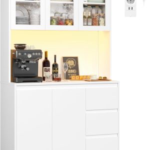 FirFurd Küchenschrank Weiß 180x100x38,5 cm mit LED, Steckdose, Arbeitsplatte, Buffetschrank mit Glastüren & 3 Schubladen