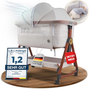 KUNU Babybett Beistellbett 3in1 mit Rollen Beige höhenverstellbar