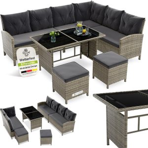 Juskys Polyrattan Gartenlounge Grau – Sitzgruppe mit Ecksofa, Tisch, Hocker, wetterfest, Outdoor Möbel Set