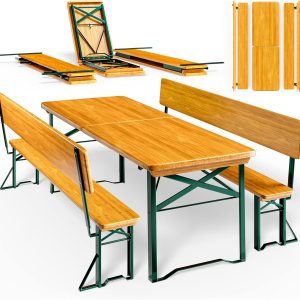 Casaria Bierzeltgarnitur 170 cm Braun Holz Stahl klappbar mit Lehne 3-teilig Bierbank Set Tisch Outdoor