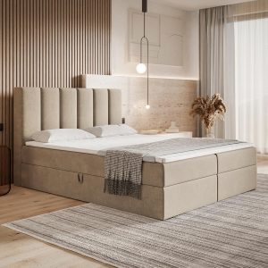 Motivena Santiago Boxspringbett 160x200 Beige Samt – Bett mit Bettkasten, Bonellfederkern Matratze H4 & Komfortschaum Topper H3